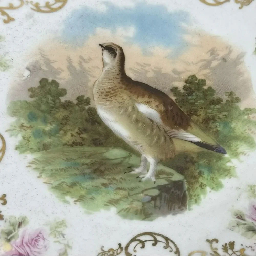Antique Moschendorf Bavaria Grouse Plate with Floral & Gold‎ Accents